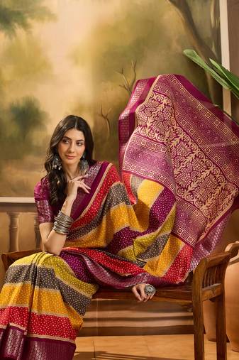Women's wine silk cotton bandhani saree with unstitched blouse piece