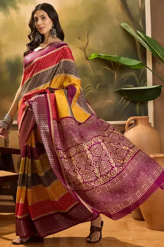 Women's wine silk blend cotton bandhani saree with unstitched blouse piece