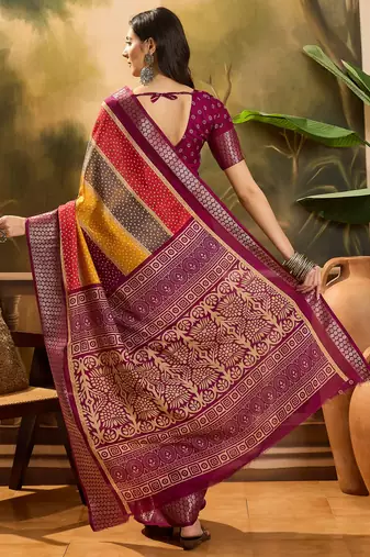 Women's wine silk blend cotton bandhani saree with unstitched blouse piece