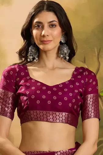 Women's wine silk blend cotton bandhani saree with unstitched blouse piece
