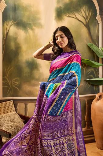Women's purple silk cotton bandhani saree with unstitched blouse piece