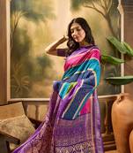 Women's purple silk cotton bandhani saree with unstitched blouse piece