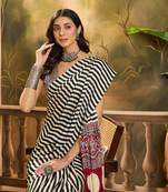 Women's black satin printed saree with unstitched blouse piece