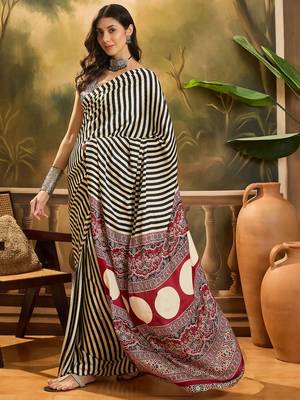 Women's black satin printed saree with unstitched blouse piece 2