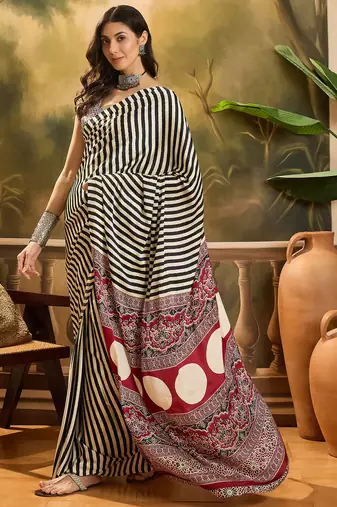 Women's black satin printed saree with unstitched blouse piece