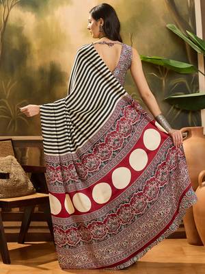 Women's black satin printed saree with unstitched blouse piece 3