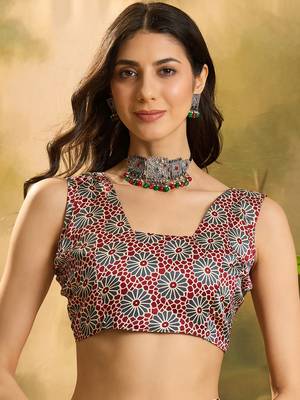 Women's black satin printed saree with unstitched blouse piece 4