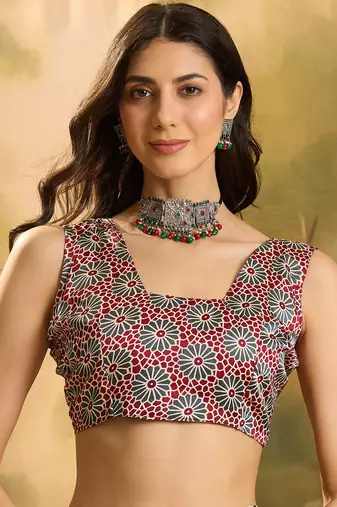 Women's black satin printed saree with unstitched blouse piece