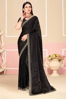 Black Zari Embroidered Satin Silk Saree 1