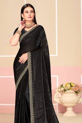Black Zari Embroidered Satin Silk Saree 2