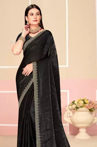 Black Zari Embroidered Satin Silk Saree