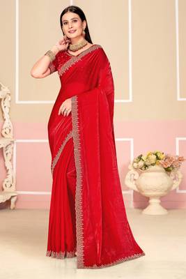 Red Zari Embroidered Satin Silk Saree 1