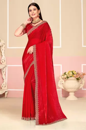 Red Zari Embroidered Satin Silk Saree
