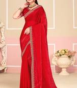 Red Zari Embroidered Satin Silk Saree