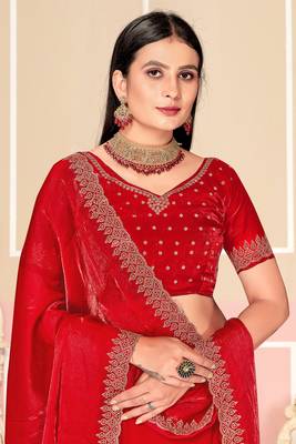 Red Zari Embroidered Satin Silk Saree 2