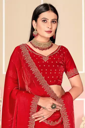 Red Zari Embroidered Satin Silk Saree