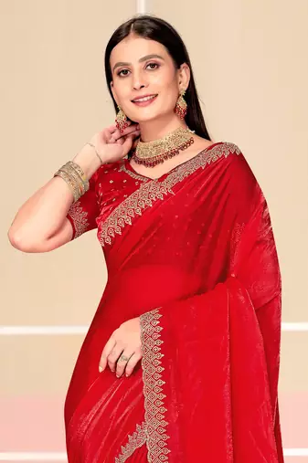 Red Zari Embroidered Satin Silk Saree