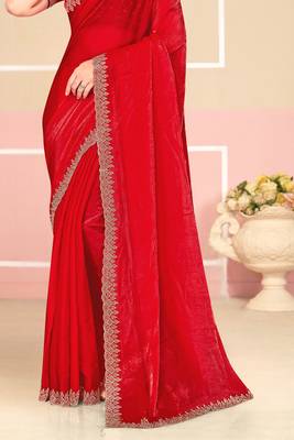 Red Zari Embroidered Satin Silk Saree 4