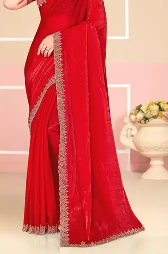 Red Zari Embroidered Satin Silk Saree
