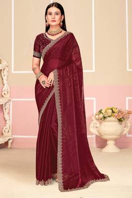 Wine Zari Embroidered Satin Silk Saree 1