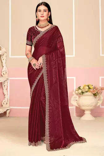 Wine Zari Embroidered Satin Silk Saree