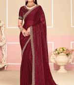 Wine Zari Embroidered Satin Silk Saree