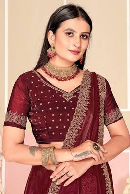 Wine Zari Embroidered Satin Silk Saree 2