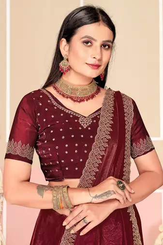 Wine Zari Embroidered Satin Silk Saree