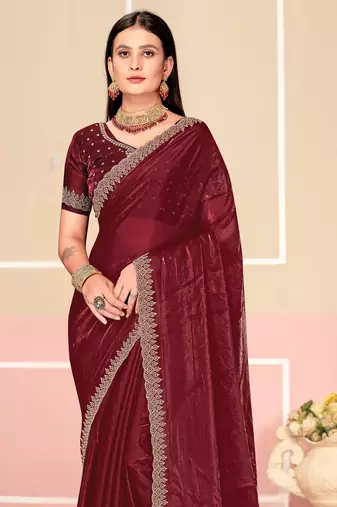 Wine Zari Embroidered Satin Silk Saree