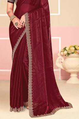 Wine Zari Embroidered Satin Silk Saree 4