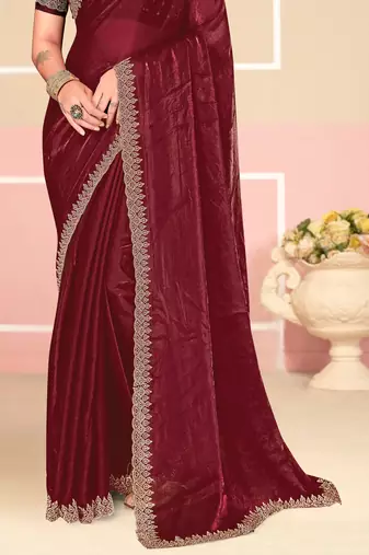 Wine Zari Embroidered Satin Silk Saree