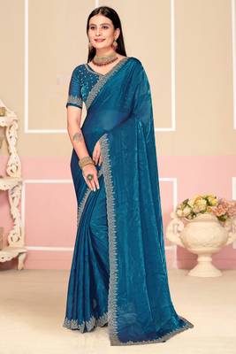 Teal Blue Zari Embroidered Satin Silk Saree 1