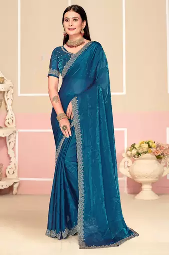 Teal Blue Zari Embroidered Satin Silk Saree