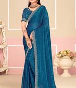 Teal Blue Zari Embroidered Satin Silk Saree