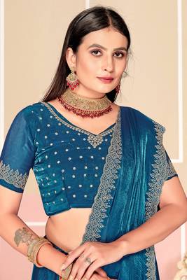 Teal Blue Zari Embroidered Satin Silk Saree 2
