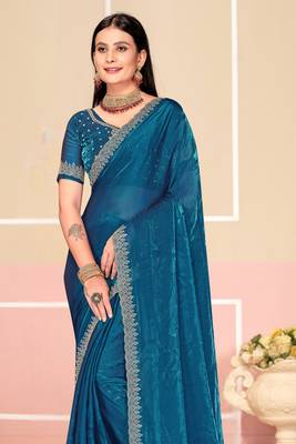 Teal Blue Zari Embroidered Satin Silk Saree 3