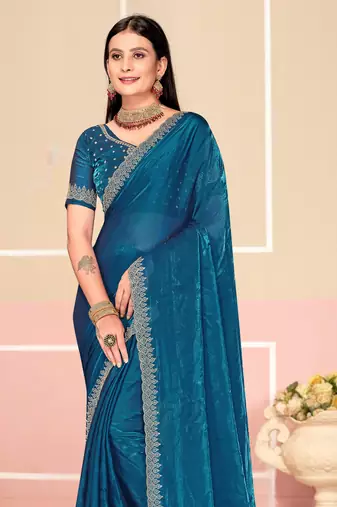Teal Blue Zari Embroidered Satin Silk Saree