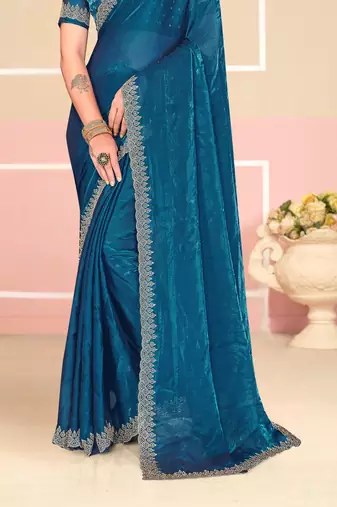 Teal Blue Zari Embroidered Satin Silk Saree