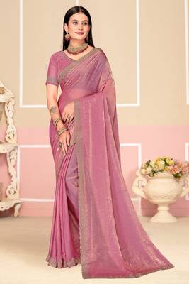 Pink Zari Embroidered Satin Silk Saree 1