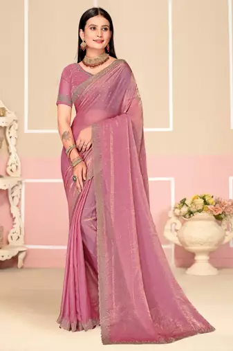 Pink Zari Embroidered Satin Silk Saree