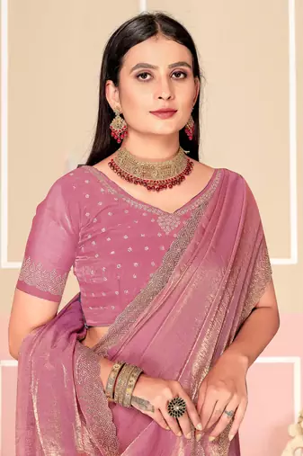 Pink Zari Embroidered Satin Silk Saree