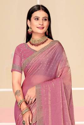 Pink Zari Embroidered Satin Silk Saree 3