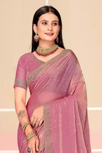 Pink Zari Embroidered Satin Silk Saree