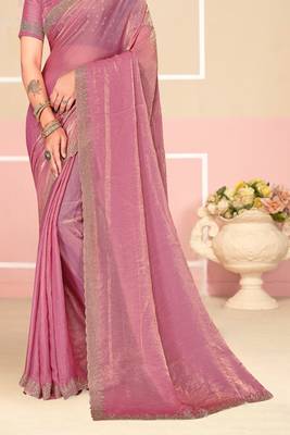 Pink Zari Embroidered Satin Silk Saree 4
