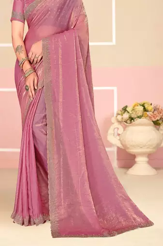 Pink Zari Embroidered Satin Silk Saree