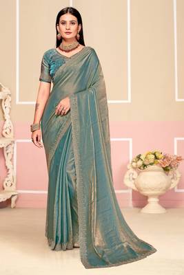 Turquoise Zari Embroidered Satin Silk Saree 1