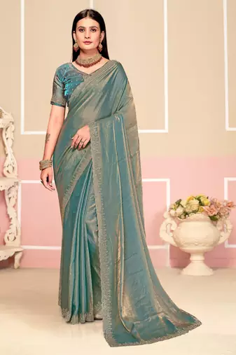 Turquoise Zari Embroidered Satin Silk Saree