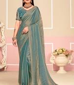 Turquoise Zari Embroidered Satin Silk Saree