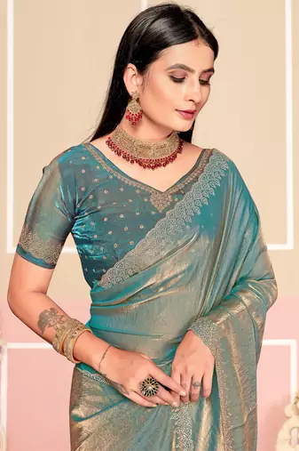 Turquoise Zari Embroidered Satin Silk Saree