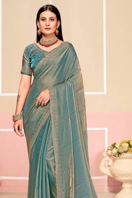 Turquoise Zari Embroidered Satin Silk Saree 3